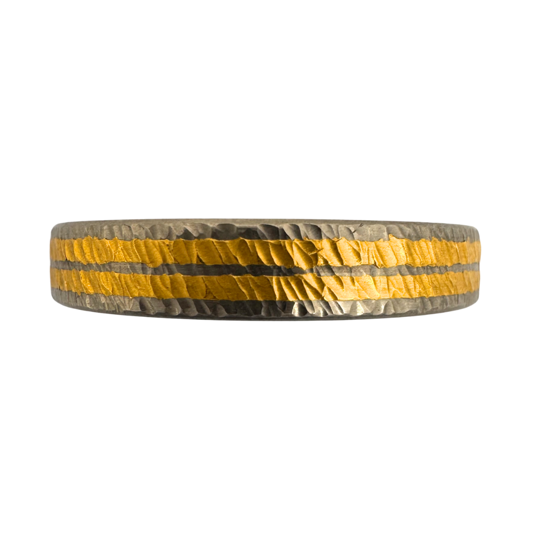 Natural color titanium band with gold inlay, rough-looking but smooth-feeling finish