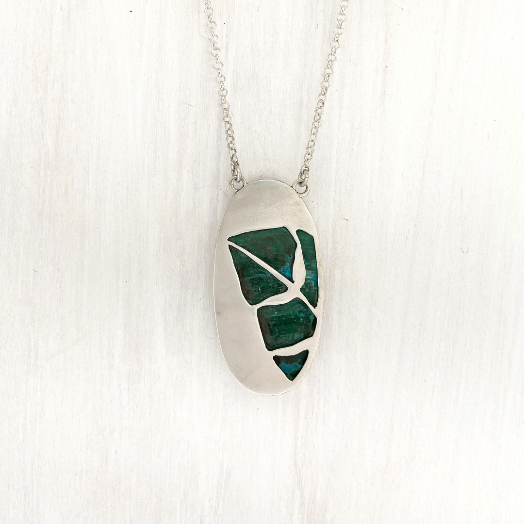 Oval Azurite Malachite Pendant with a Leaf on the Back