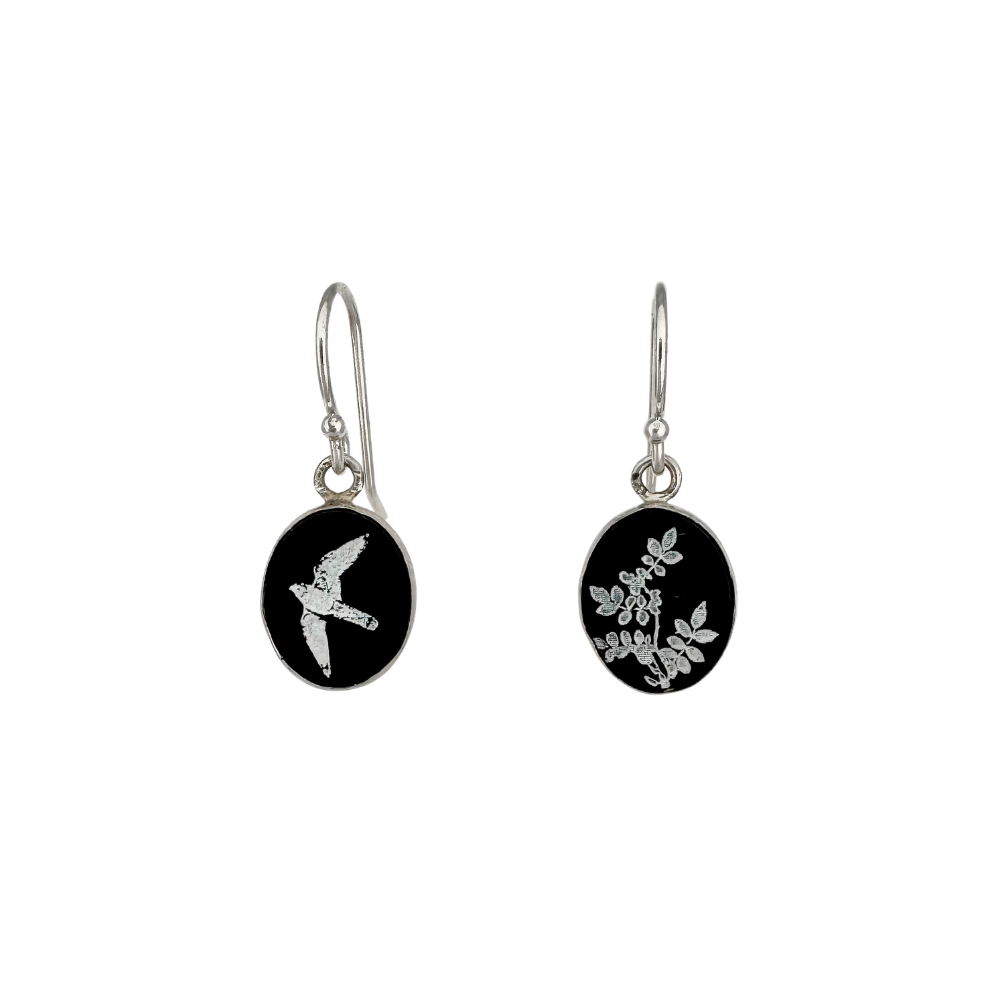 Black Onyx Bird and Floral Earrings