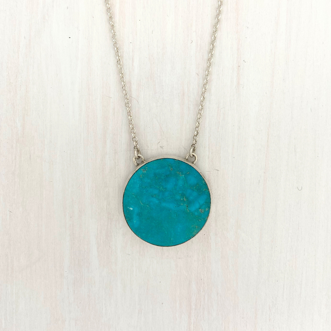 Round Opalized Wood Pendant with a Wave on the back