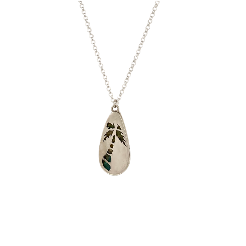 Teardrop Opalized Wood Pendant with a Palm Tree on the Back