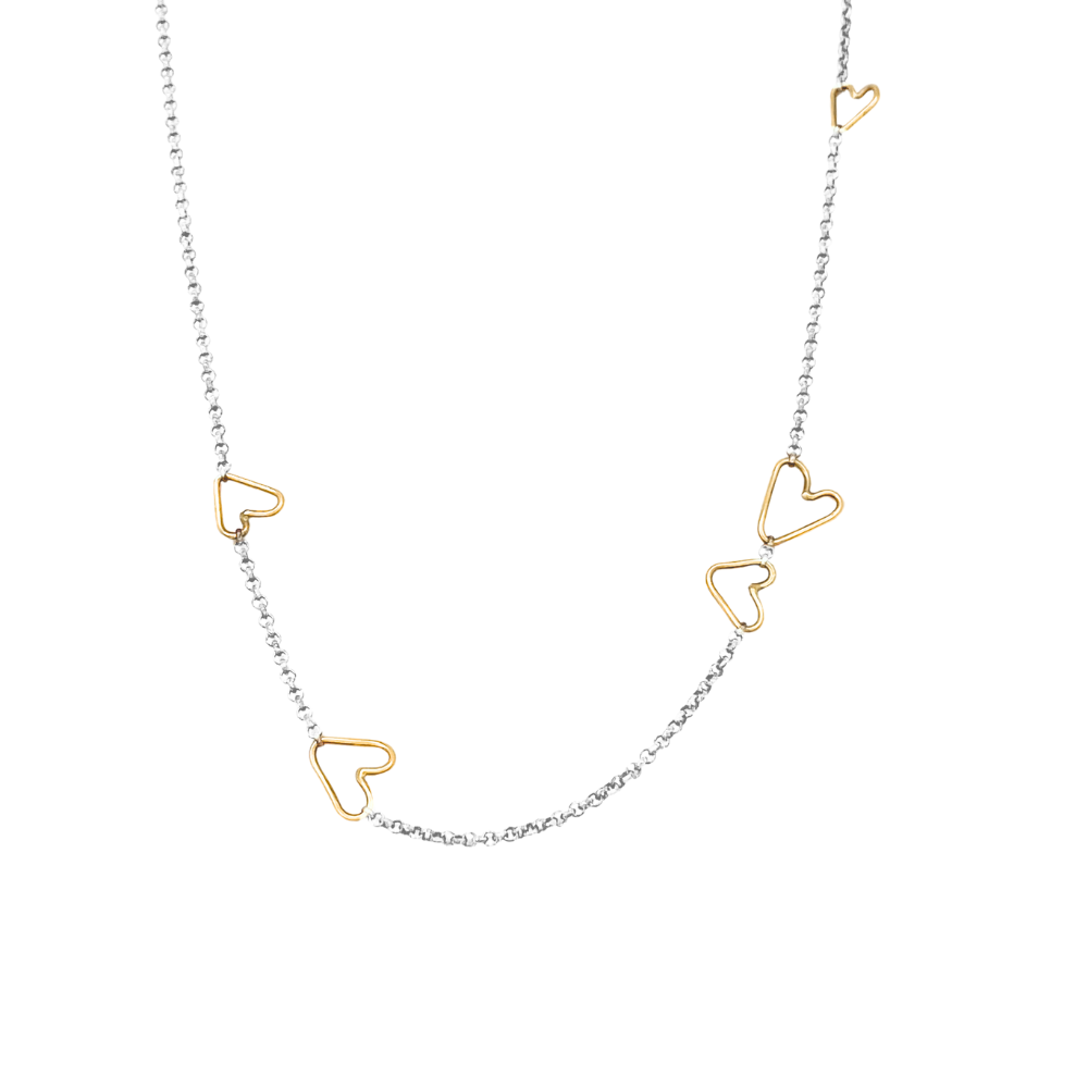 14k Gold Connected Hearts Necklace with Silver Chain