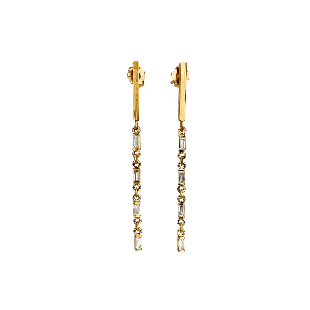 14kt Line Drop Earrings with Baguette Diamonds