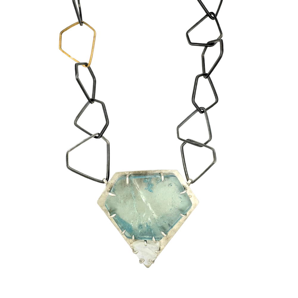Aquamarine Crystal Slice and Rainbow Moonstone Necklace