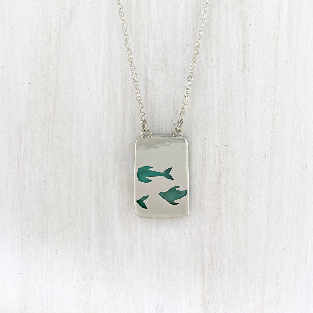 Rectangle Opalized Wood Pendant with Fish on the back