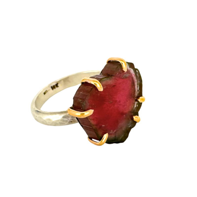 Watermelon Tourmaline Crystal Slice Ring