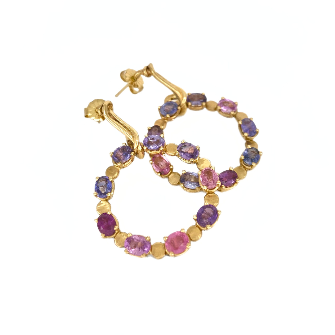 14k Oval Yellow Gold Post Earrings with Ring of 9 Pink and Purple Sapphires