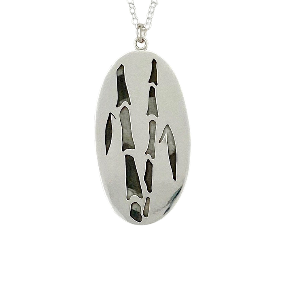 Oval Chinese Writing Stone Pendant with Bamboo