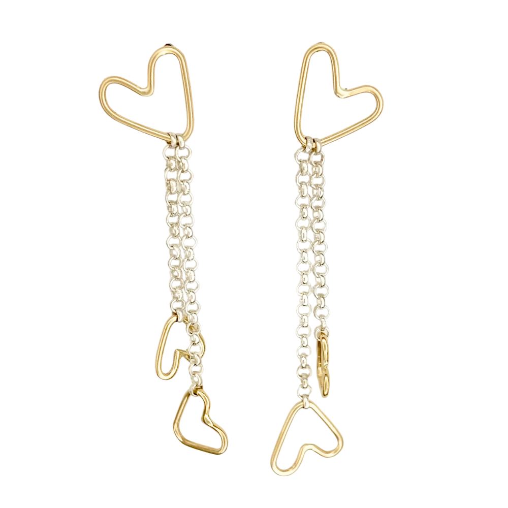 14k Gold Connected Hearts Earrings with Silver Chain
