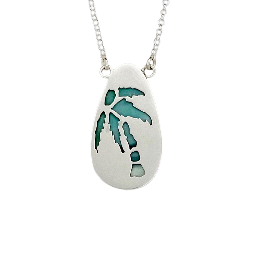 Teardrop Opalized Wood Pendant with Palm Tree