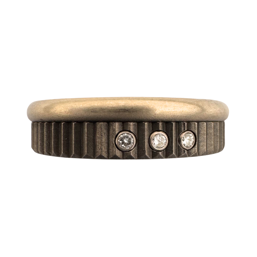 14K gold band with titanium knurled band set with (9)1.5mm diamonds