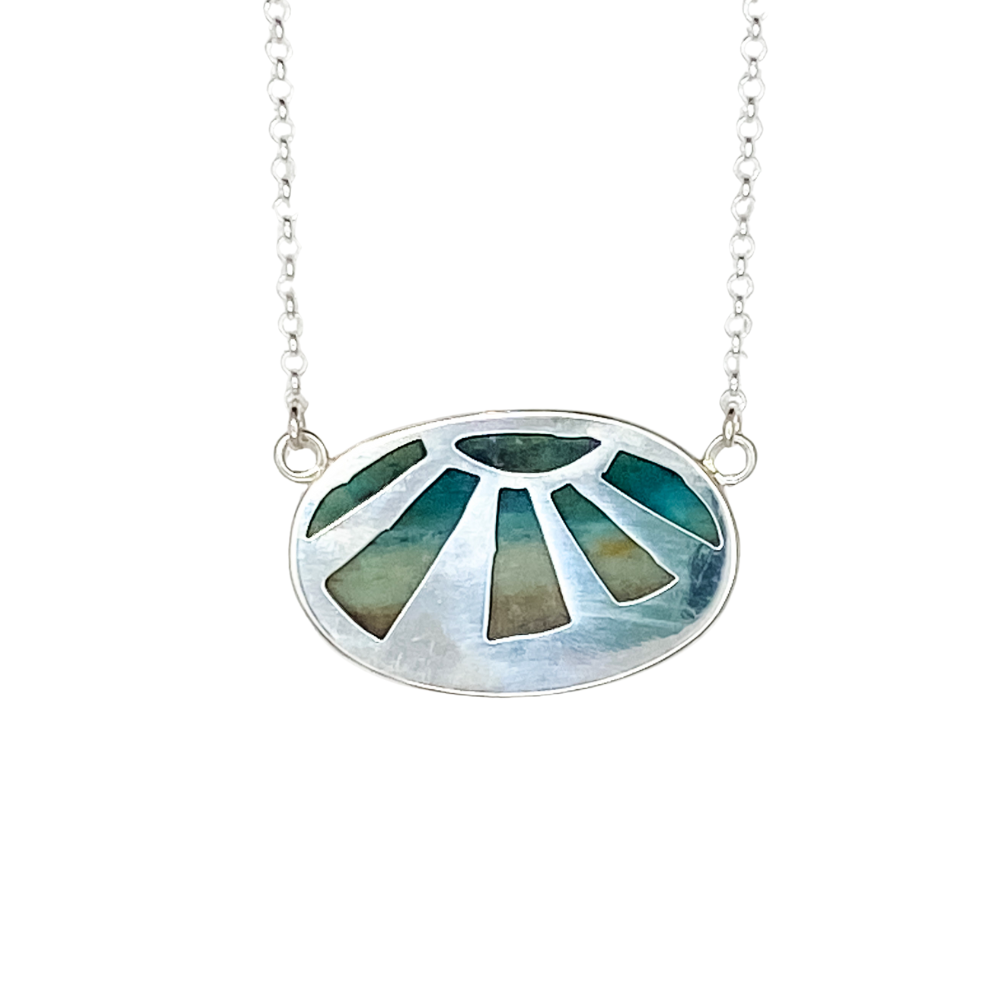 Oval Opalized Wood Pendant with Sun