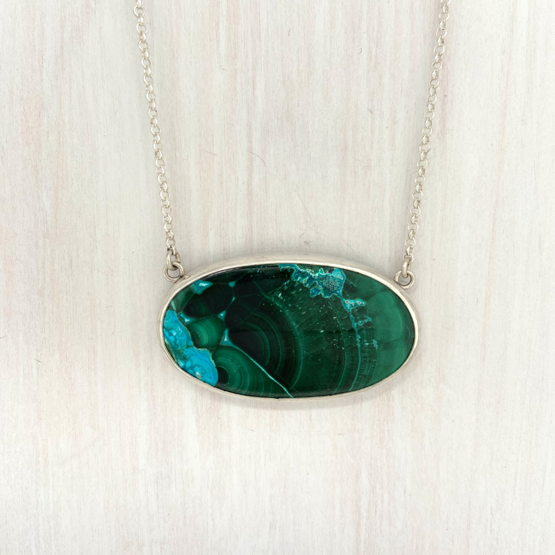 Oval Azurite Malachite Pendant with Leaves on the Back