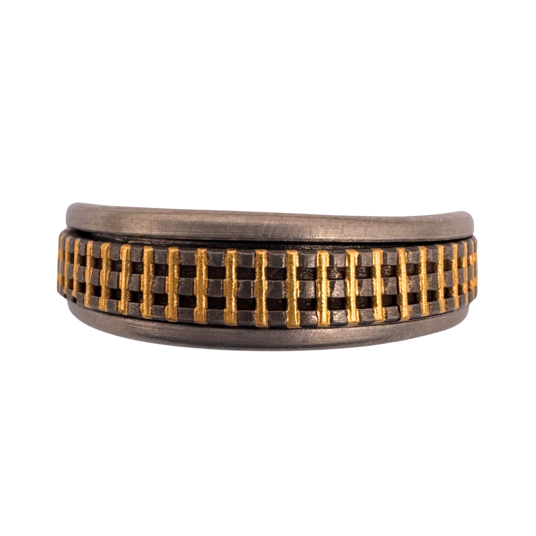 Titanium liner with a titanium spinner band, channeled and cross-inlaid with 24K gold