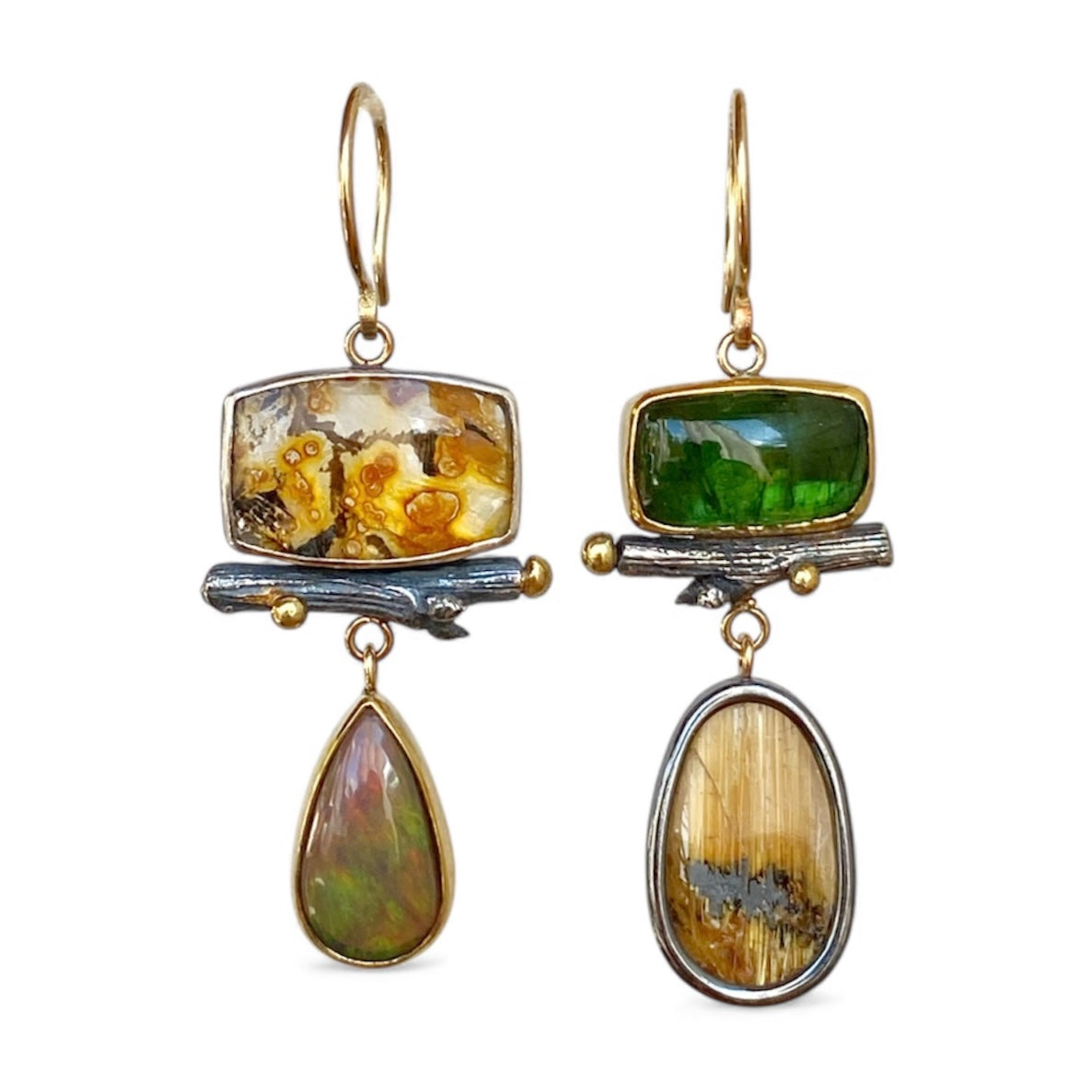 Green Tourmaline, Opal, Golden Rutilated and Dendritic Quartz Earrings with Twigs