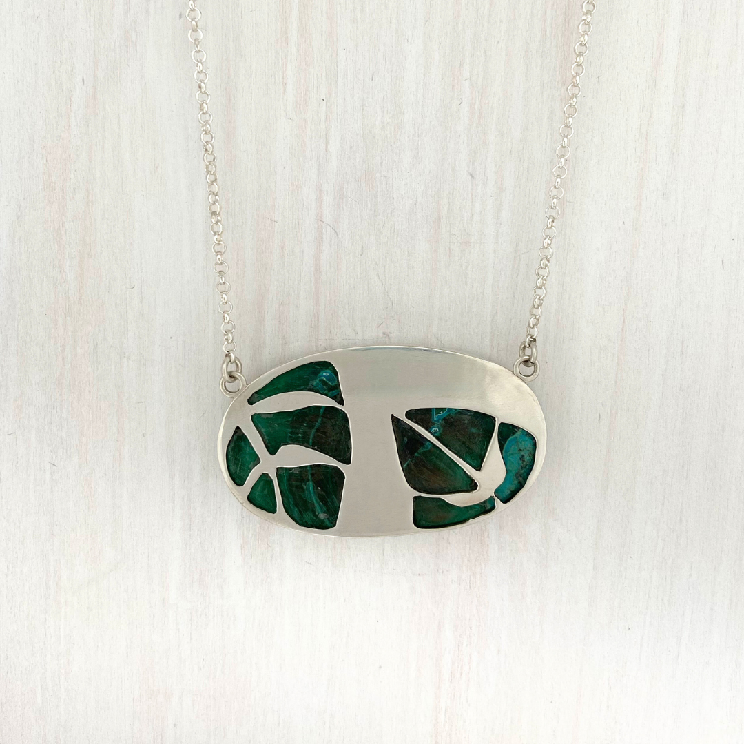 Oval Azurite Malachite Pendant with Leaves on the Back