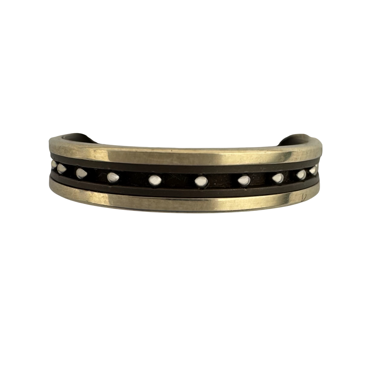 Titanium liner with (2)14K white gold outer bands and stainless balls in the center channel
