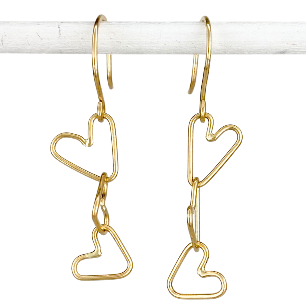 14k Gold Connected Hearts Dangle Earrings