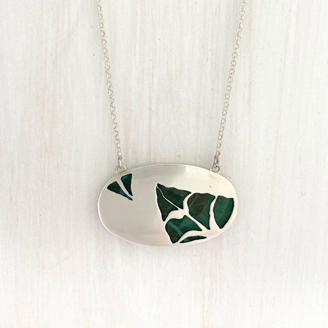 Oval Azurite Malachite Pendant with Leaves on the Back