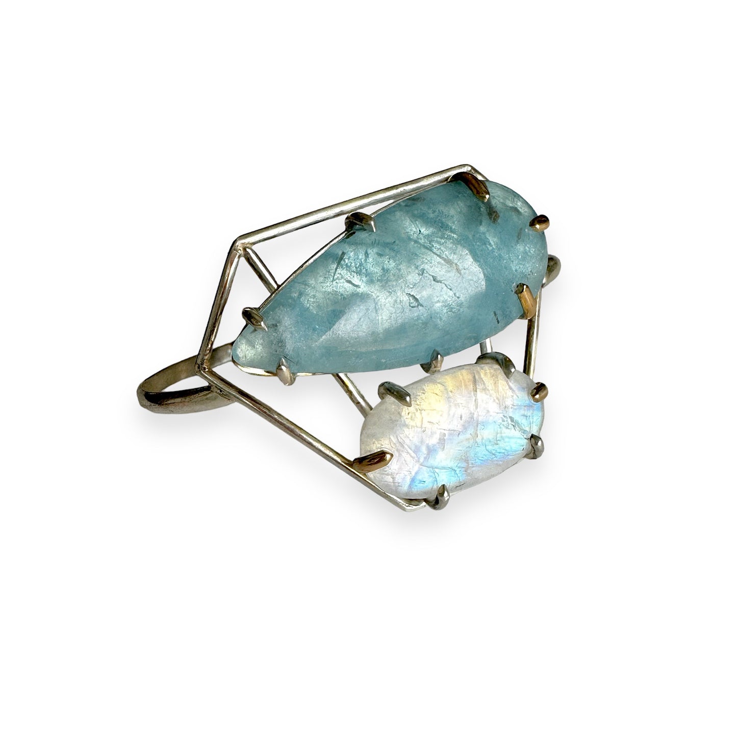 Aquamarine and Rainbow Moonstone Silver and Gold Bracelet
