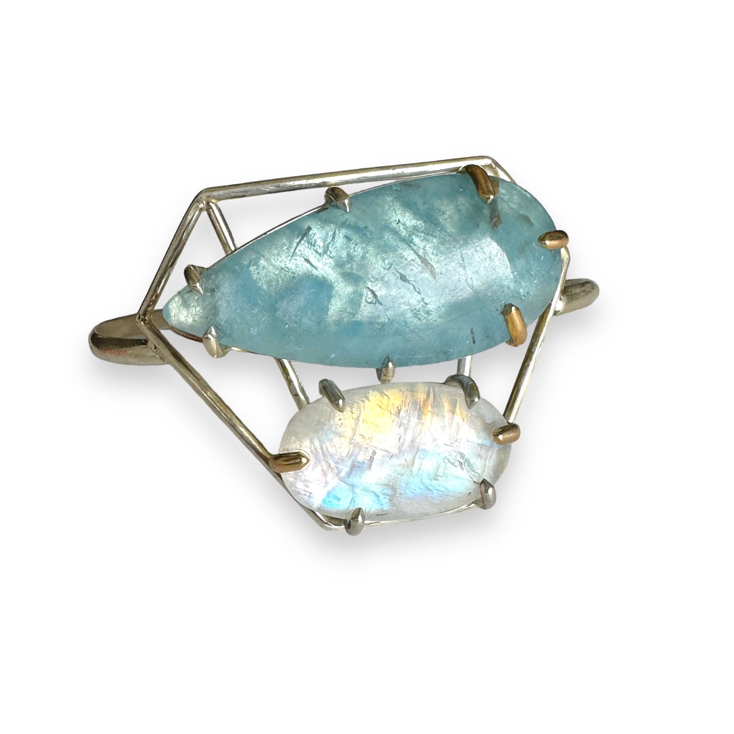 Aquamarine and Rainbow Moonstone Silver and Gold Bracelet