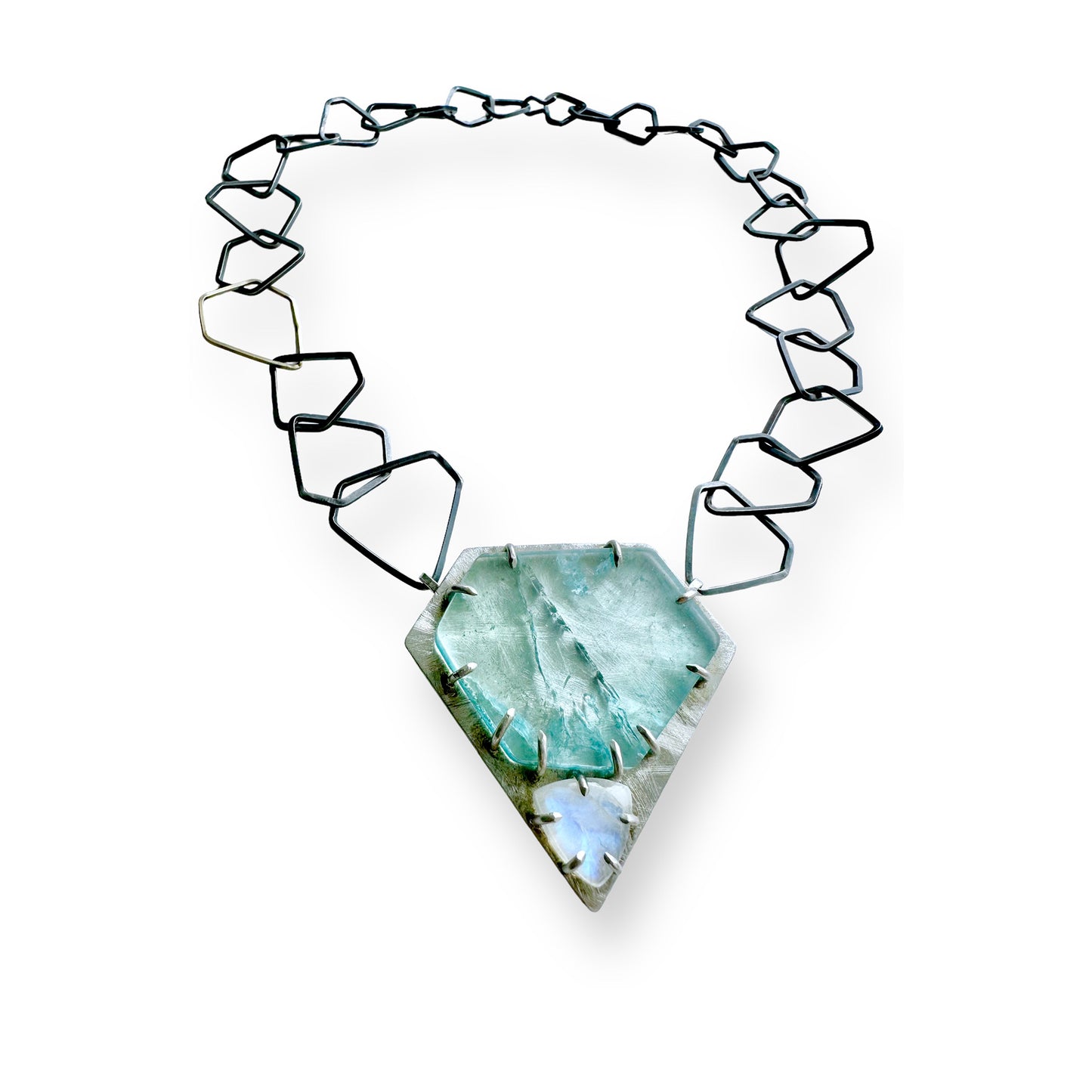 Aquamarine Crystal Slice and Rainbow Moonstone Silver and Gold Necklace
