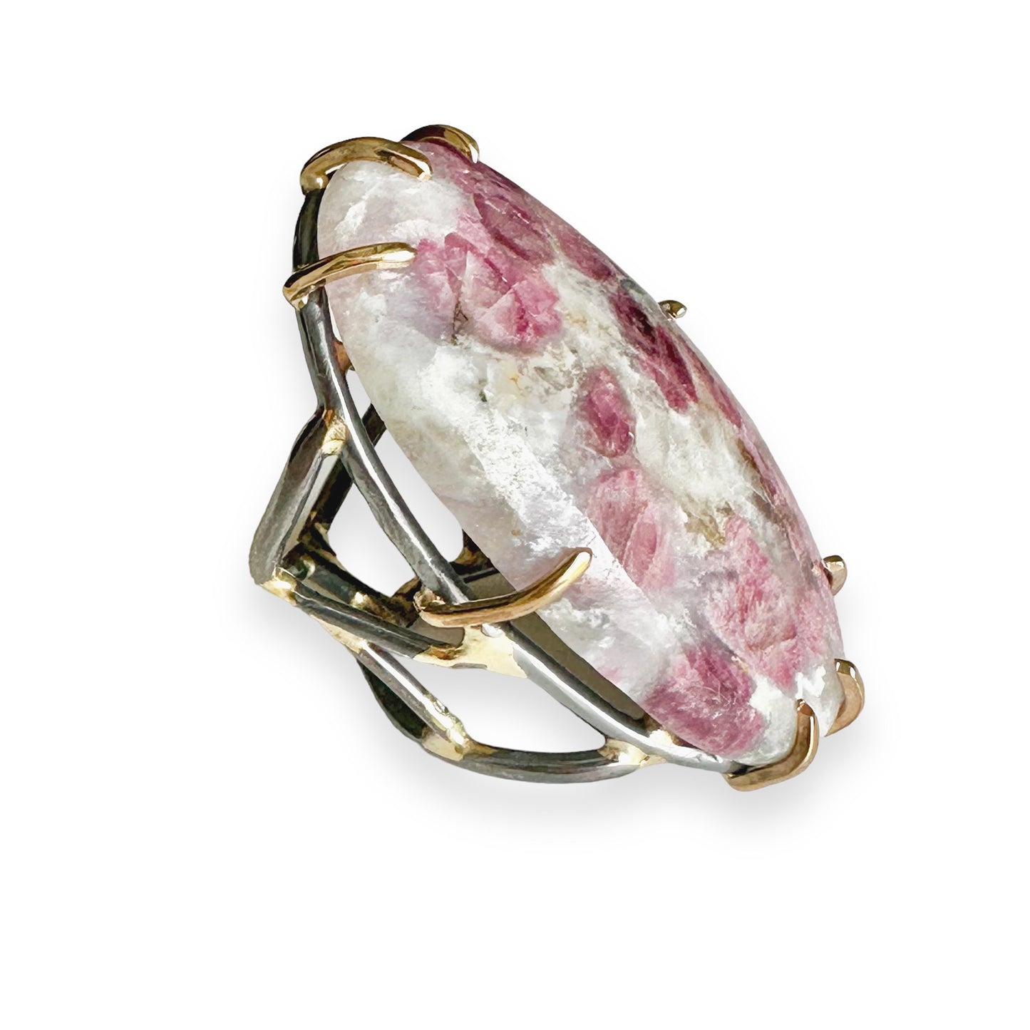 Pink Tourmaline in Quartz, Silver and Gold Ring