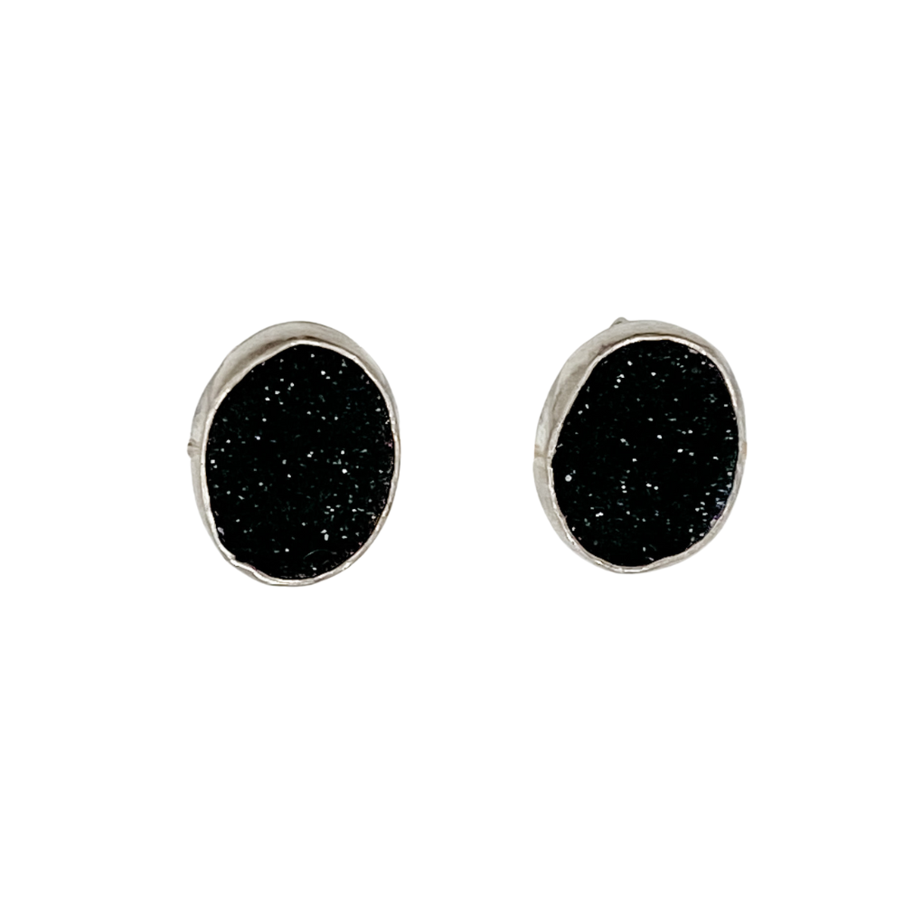 Black Oval Druzy Post Earrings