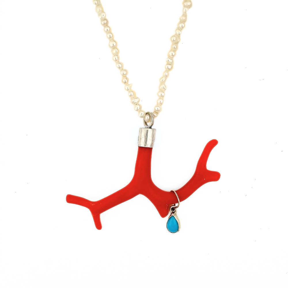 Red Coral with Blue Bonnet Turquoise Charm Necklace