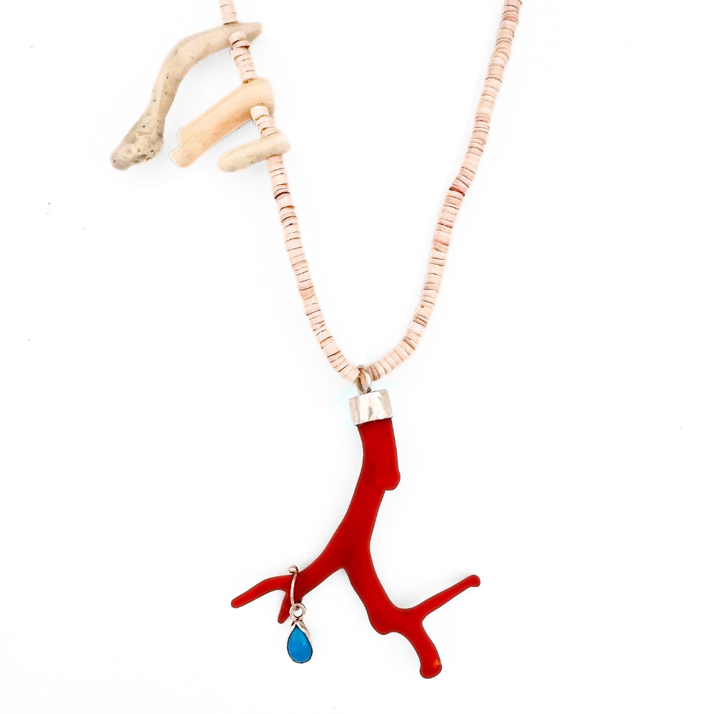 Red Coral with Blue Bonnet Turquoise Charm Necklace