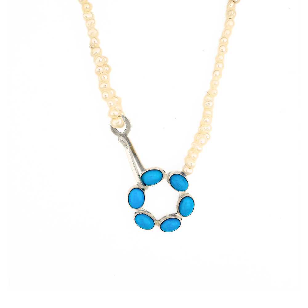 Pearl Necklace with Blue Bonnet Turqoise Clasp