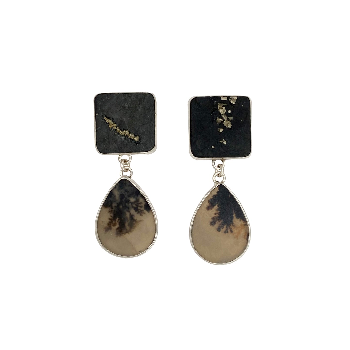 Square Pyrite Schiste Stud with Quartz Teardrop Dangle Earrings
