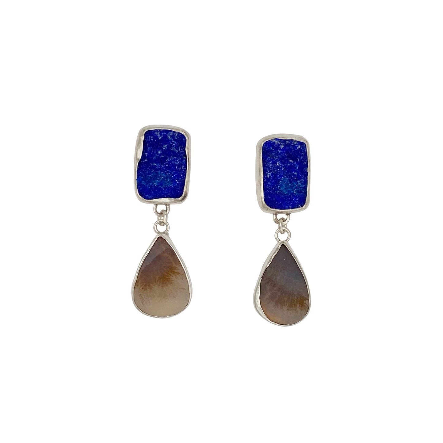 Textured Lapis and Quartz Stud Dangle Earrings