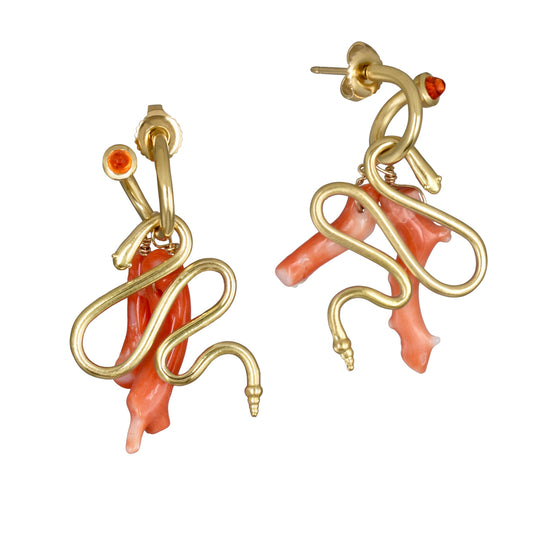 Mandarin Garnet Peek-A-Boo Hoops with Coral Branches and Snake Charms