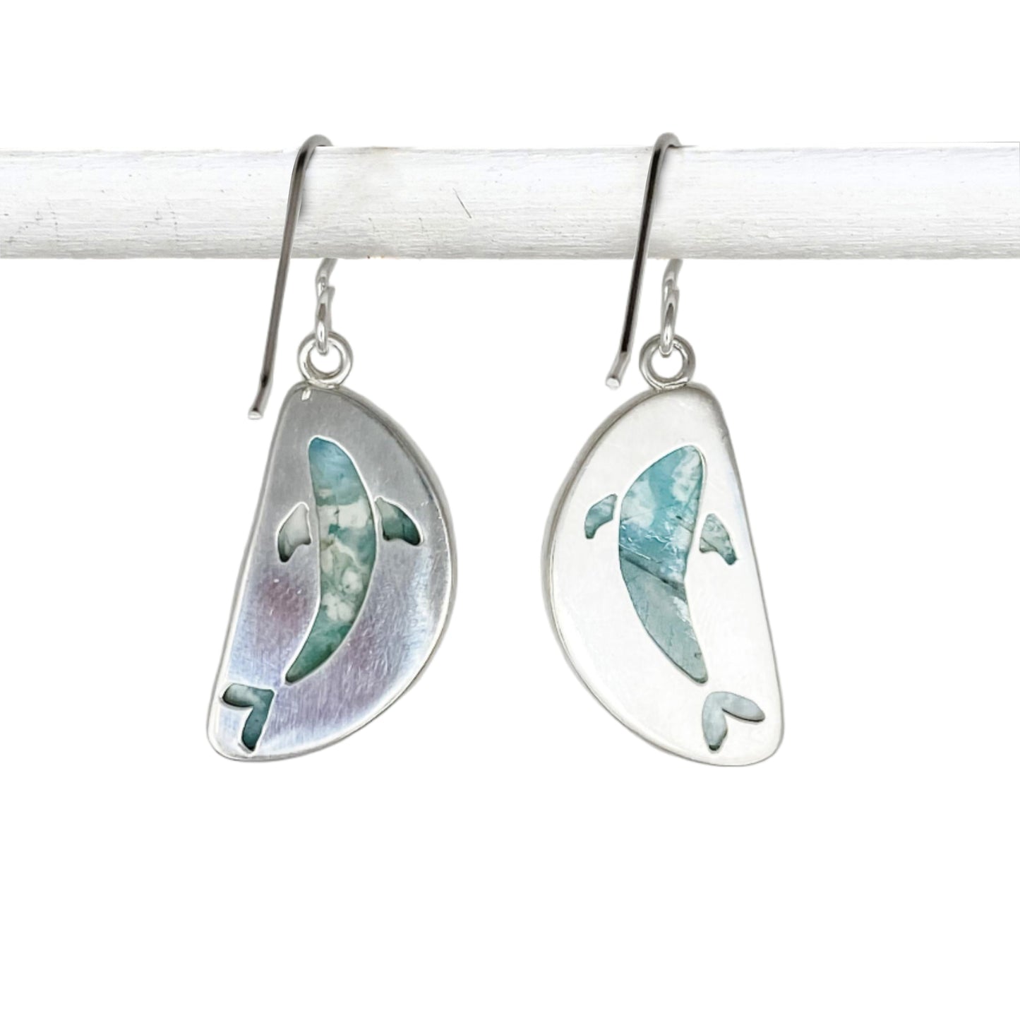 Opalized Wood Dangle Earrings with Whales