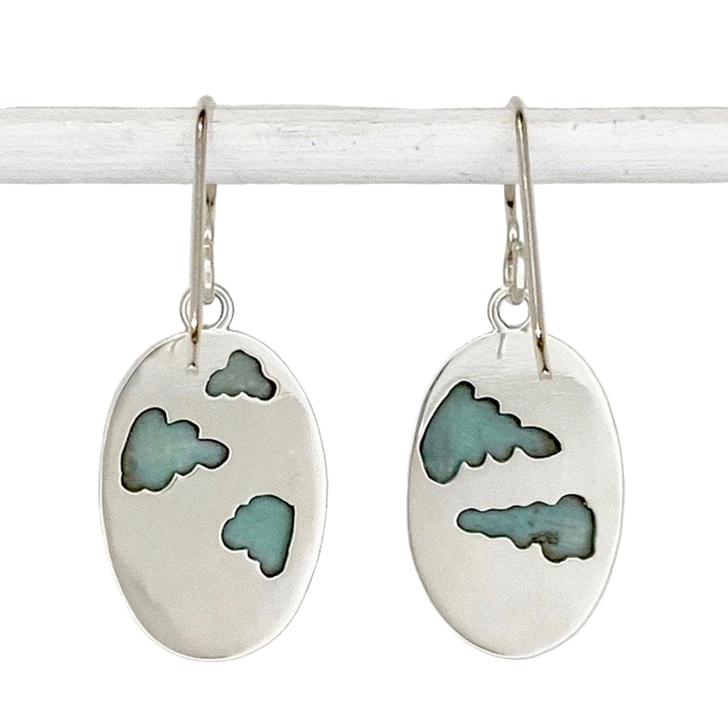 Oval Opalized Wood Dangle Earrings with Clouds