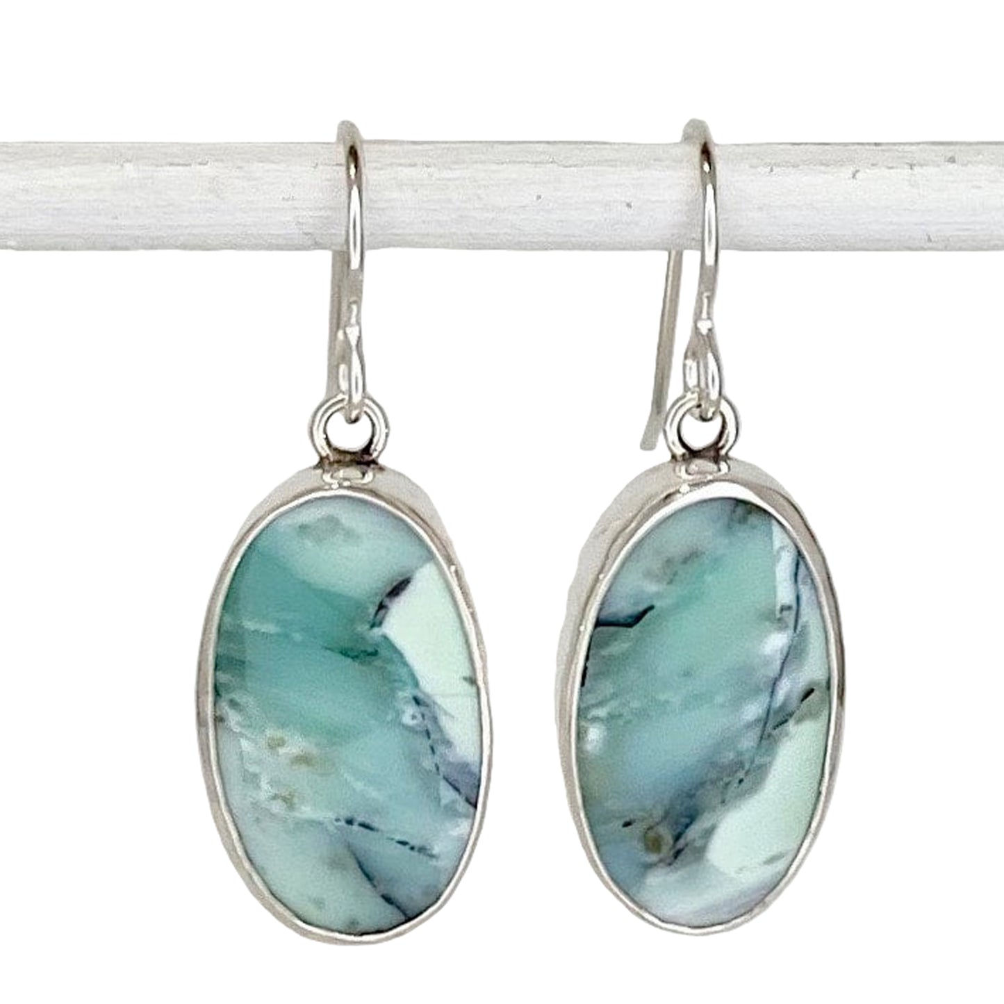 Oval Opalized Wood Dangle Earrings with Waves