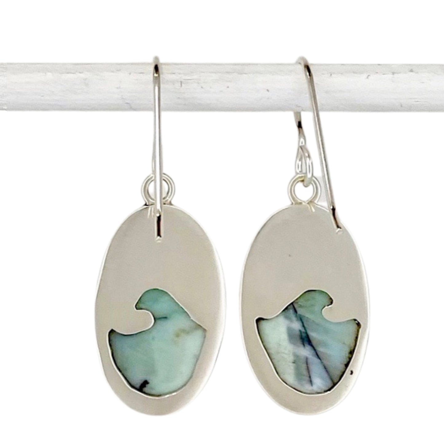 Oval Opalized Wood Dangle Earrings with Waves