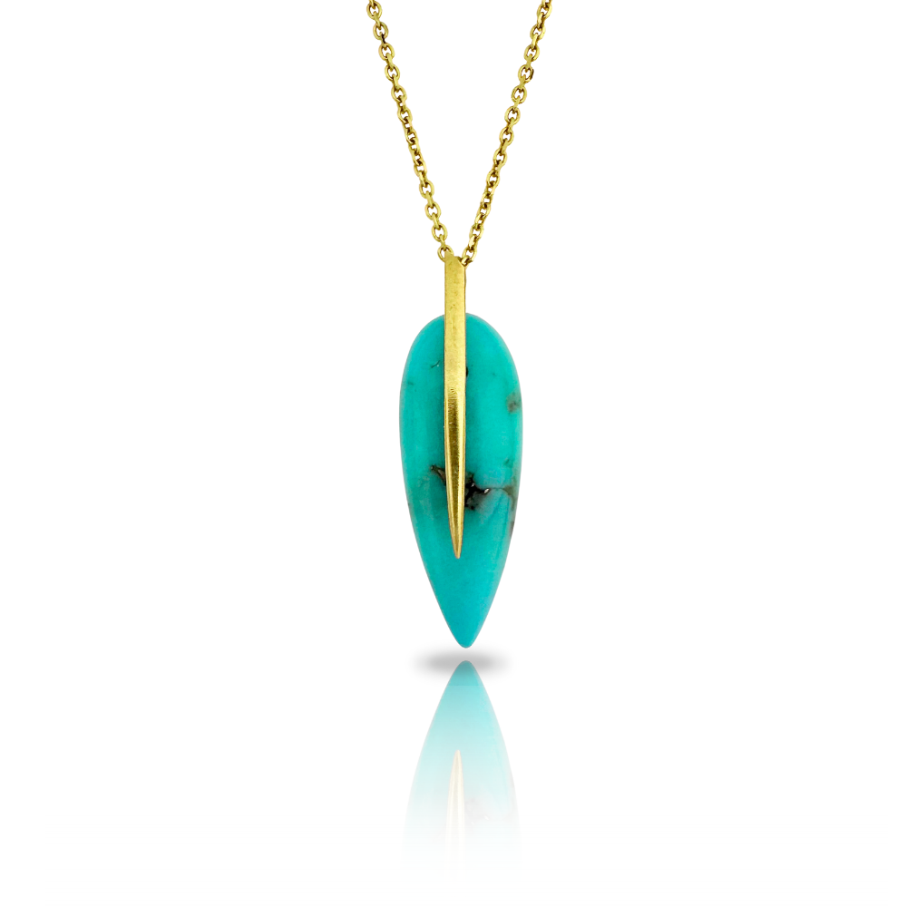 Feather Pendant in 18k gold and Turquoise on an 18" chain