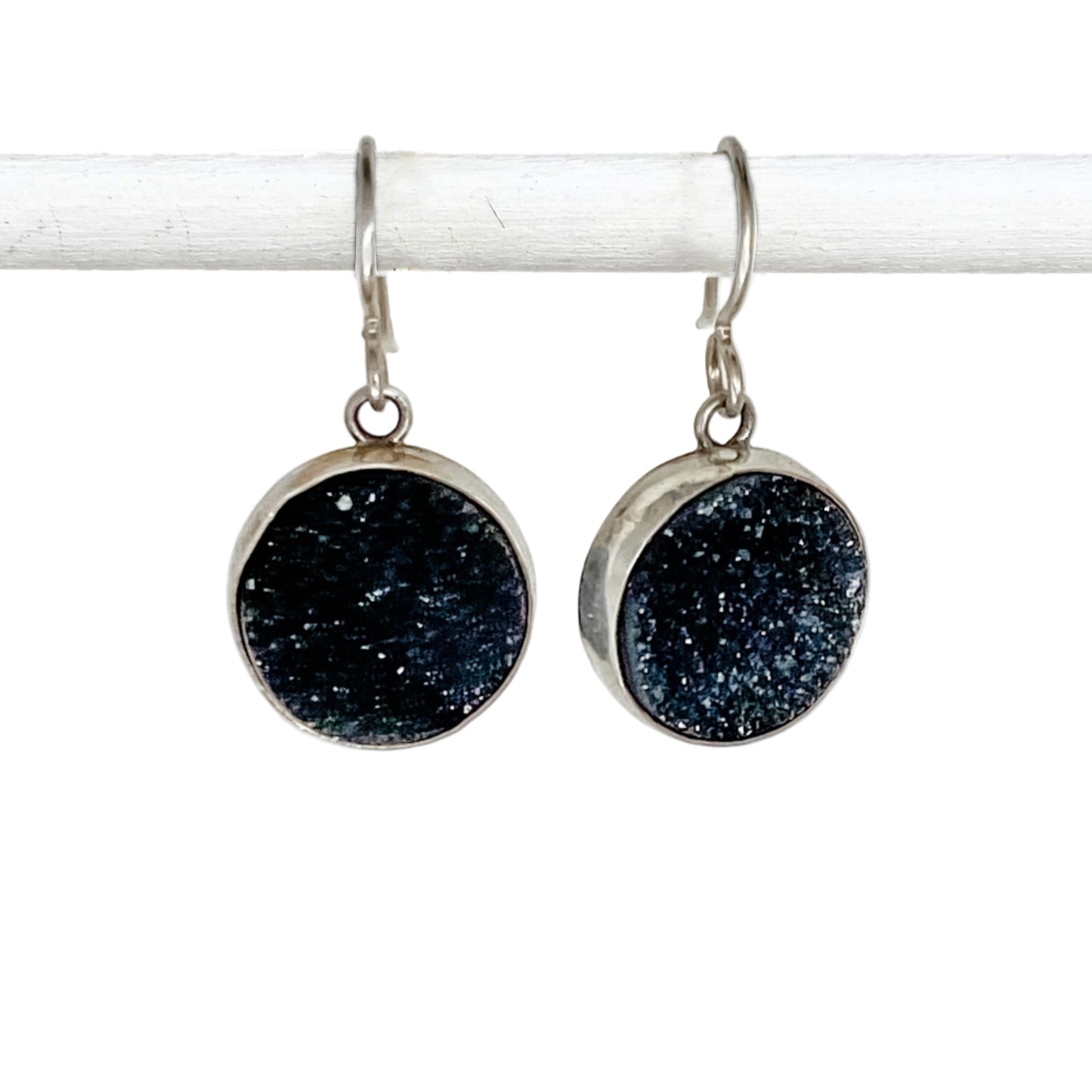 Round Black Druzy Dangle Earrings - Medium