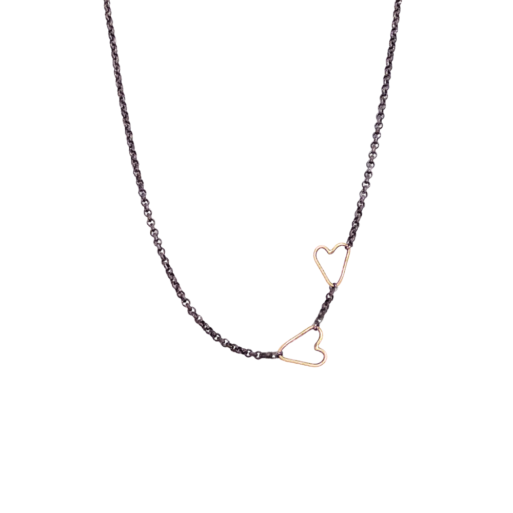 14k Gold Connected Hearts Necklace with Silver Chain