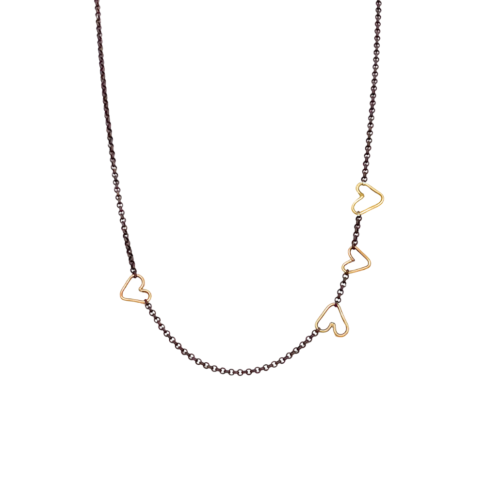 14k Gold Connected Hearts Necklace with Silver Chain