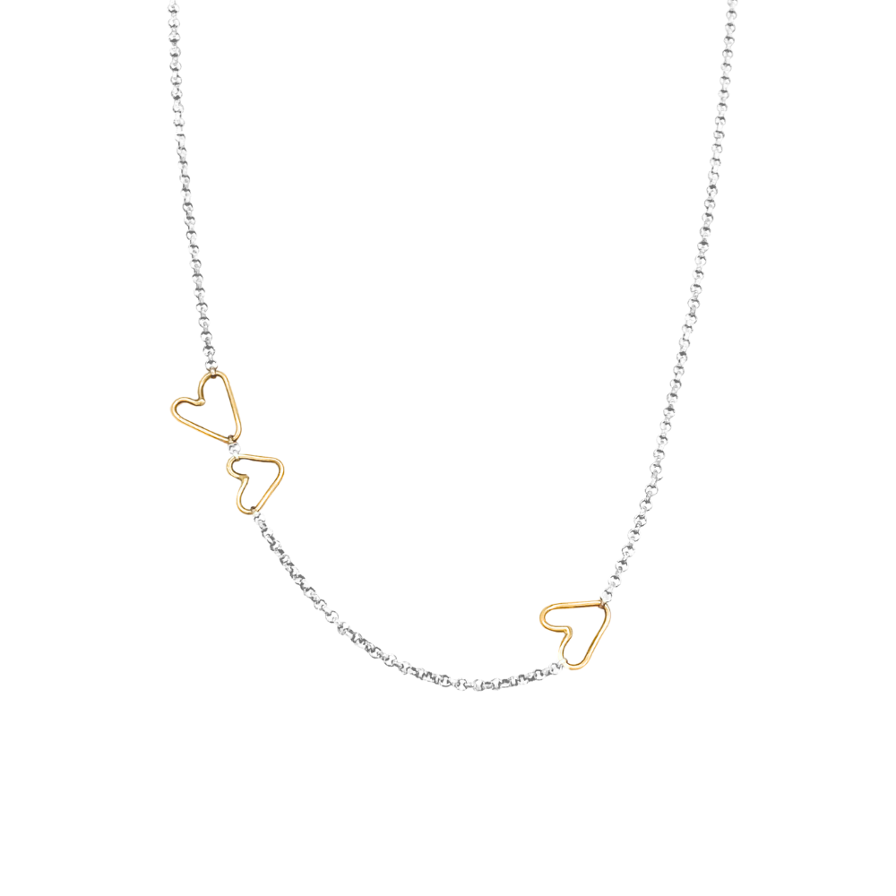14k Gold Connected Hearts Necklace with Silver Chain