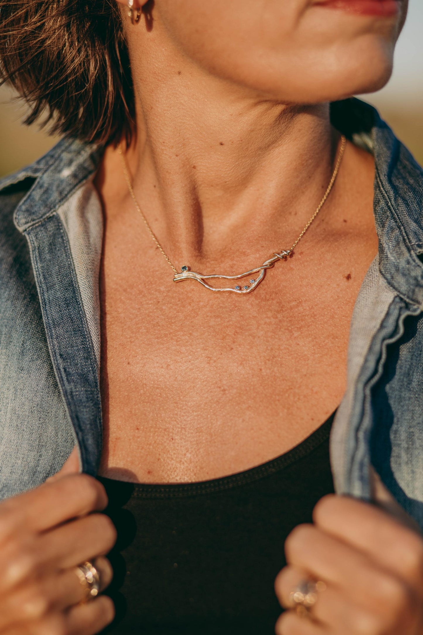 14k Twisted Vine White or Yellow Gold Necklace with Sapphires or Diamonds