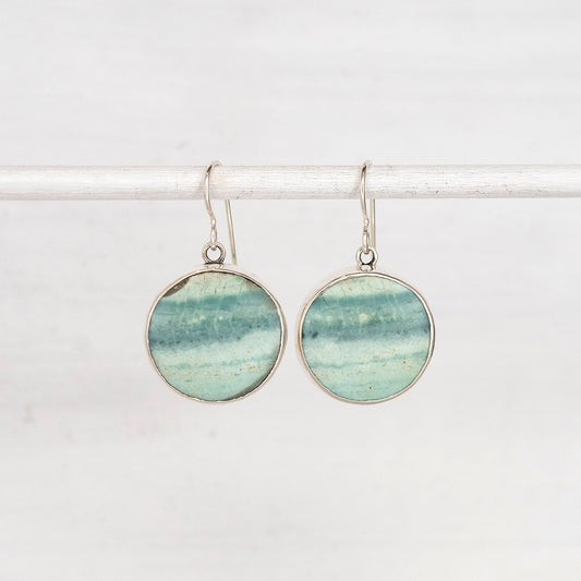 Round Opalized Wood Dangle Earrings with Fish