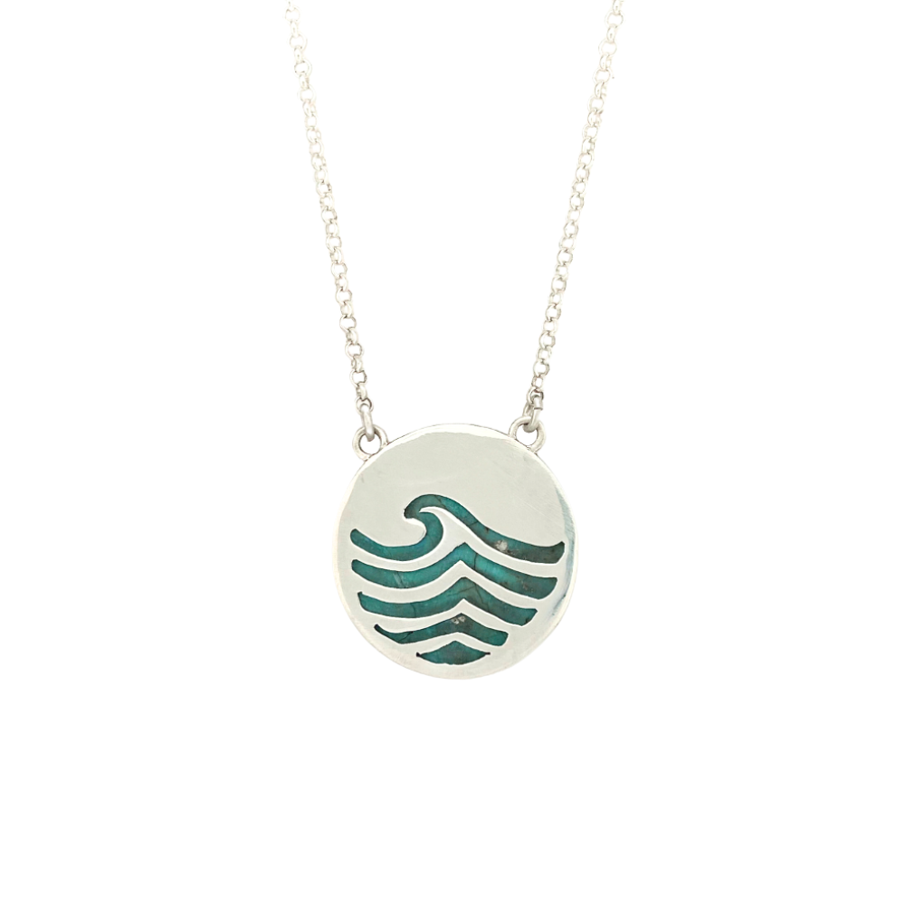 Round Opalized Wood Pendant with a Wave on the back