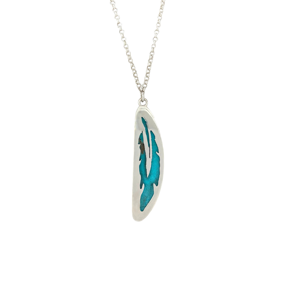 Half-Oval Turquoise Pendant with a Feather on the back