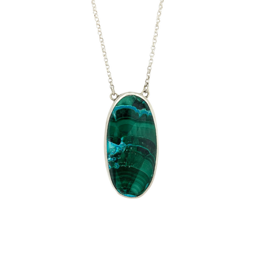 Oval Azurite Malachite Pendant with a Leaf on the Back