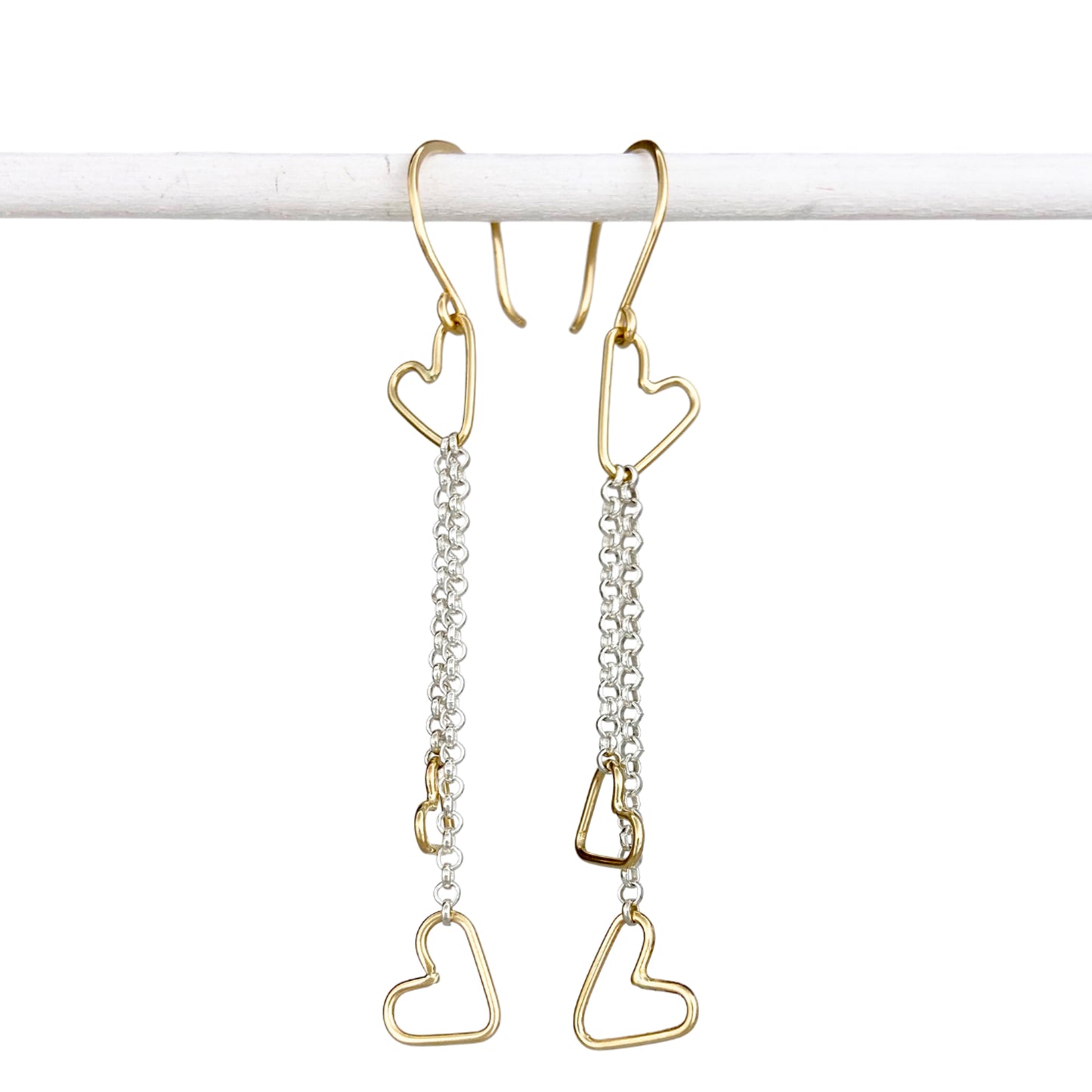 14k Gold Connected Hearts Earrings with Silver Chain