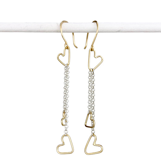 14k Gold Connected Hearts Earrings with Silver Chain